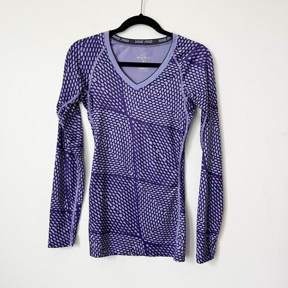 Nike Pro Dri-Fit Womens Long Sleeve V Neck Top XS Purple Geometric Running Layer - Picture 1 of 8